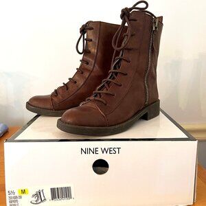 Nine West Brown Leather Froyo Faux Lace-Up Combat Boots Size 5.5M, Side Zipper